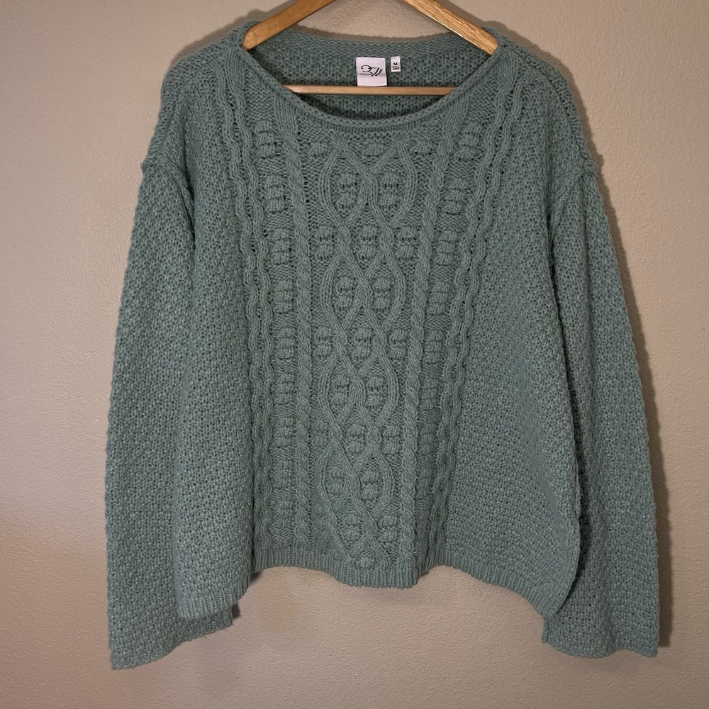 37 Orchard Oversized Chunky Cable Knit Sweater Fisherman Green Cottagecore‎ Sz M